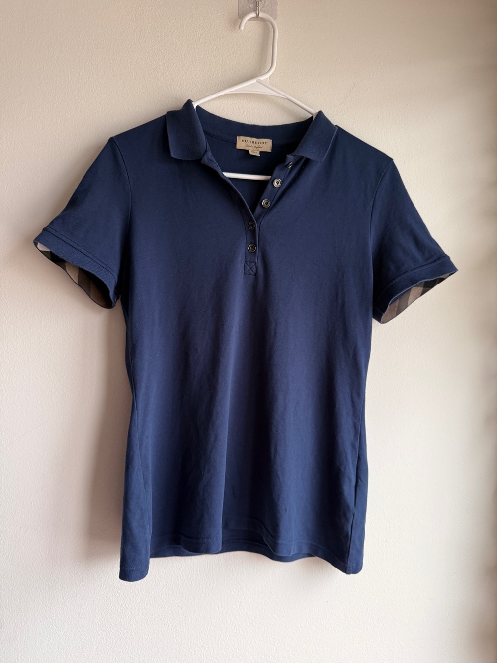 Burberry Navy Short-Sleeve Polo with Signature Check Trim Size M Button Collar